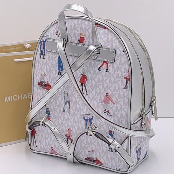 Michael Kors Jet Set Girls Adina Medium Backpack Bright White Silver Multi - Picture 6 of 16